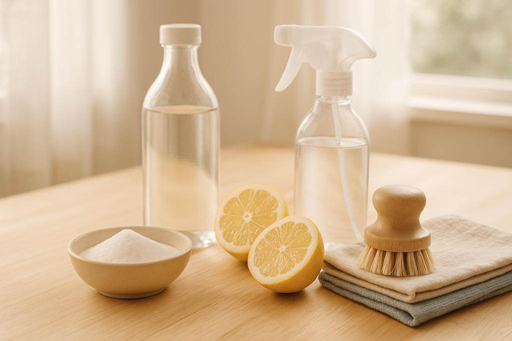 Ingrédients naturels de ménage — vinaigre, bicarbonate, citron, spray et chiffons sur un plan de travail.