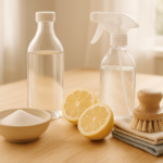 Ingrédients naturels de ménage — vinaigre, bicarbonate, citron, spray et chiffons sur un plan de travail.