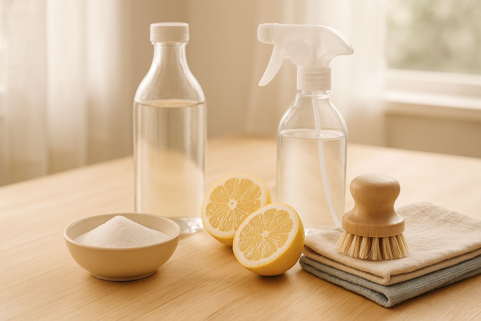 Ingrédients naturels de ménage — vinaigre, bicarbonate, citron, spray et chiffons sur un plan de travail.