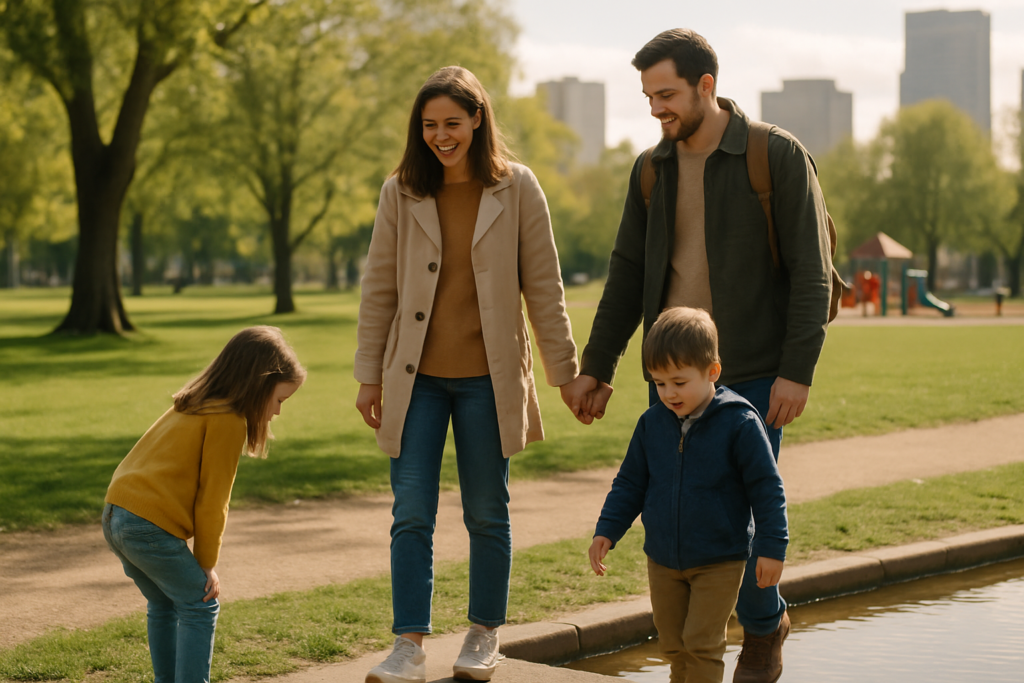 Famille avec enfants profitant d’une sortie gratuite dans un parc urbain