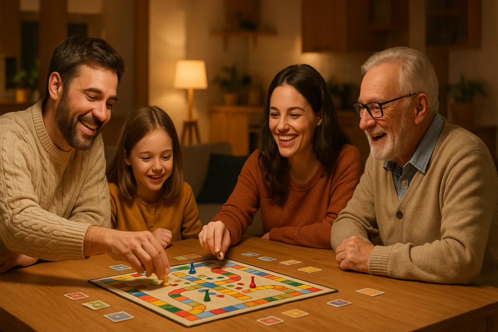 Famille réunie autour d’une table pour une soirée jeux de société conviviale à la maison