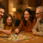 Famille réunie autour d’une table pour une soirée jeux de société conviviale à la maison
