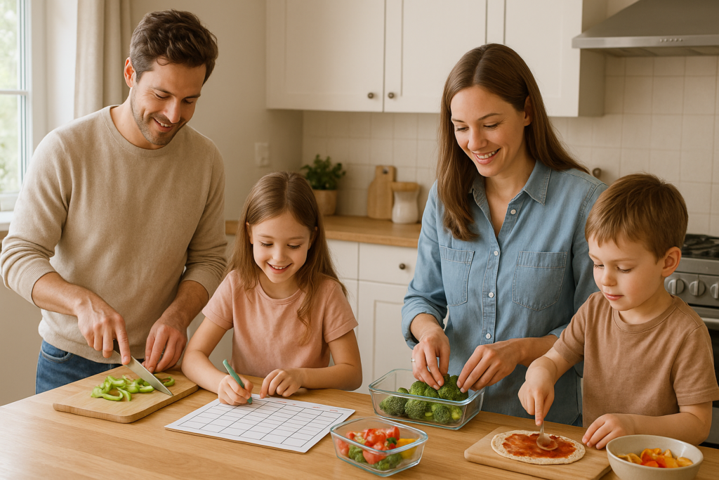 Famille préparant ensemble les repas de la semaine dans une cuisine aux couleurs douces