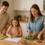 Famille préparant ensemble les repas de la semaine dans une cuisine aux couleurs douces