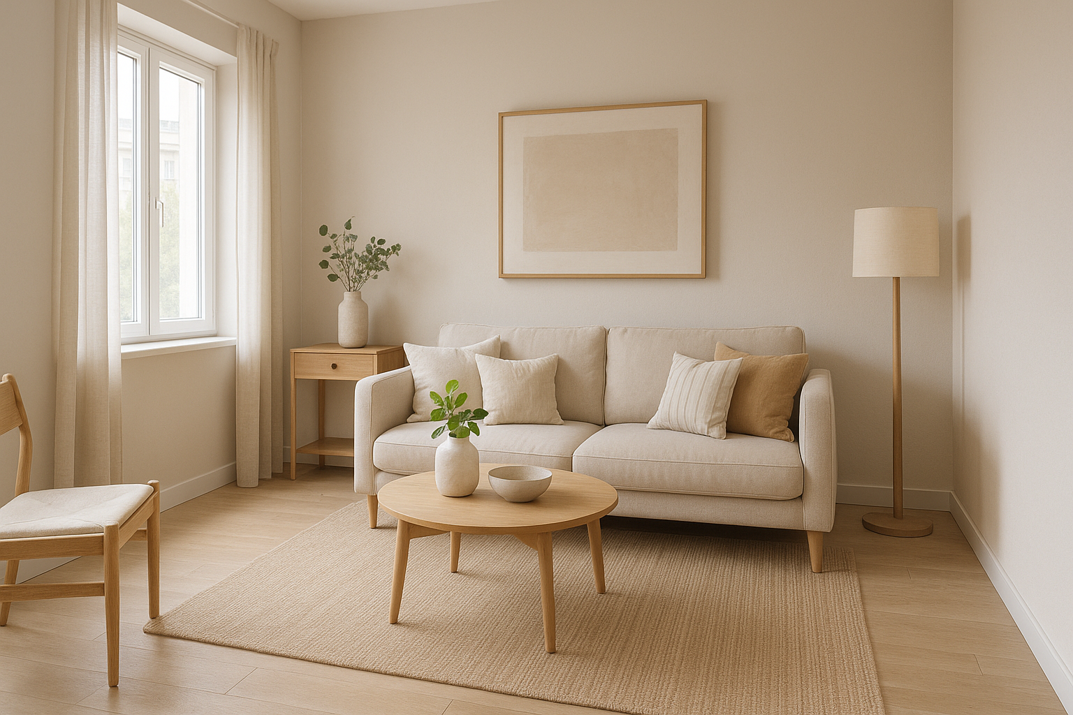 Petit salon lumineux aux tons beiges avec canapé clair, table basse en bois et décoration minimaliste pour agrandir visuellement l’espace