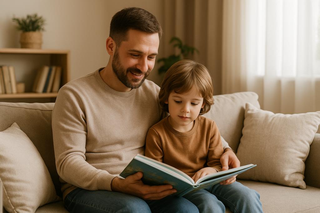 Parent lisant un livre avec son enfant dans un coin lecture lumineux et apaisant