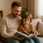 Parent lisant un livre avec son enfant dans un coin lecture lumineux et apaisant