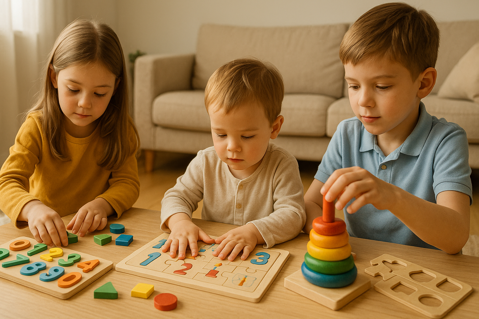 Enfants jouant à des jeux éducatifs favorisant l’apprentissage ludique à la maison