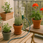 Arrosage automatique sur un balcon avec plusieurs plantes en pots avant un départ en vacances.