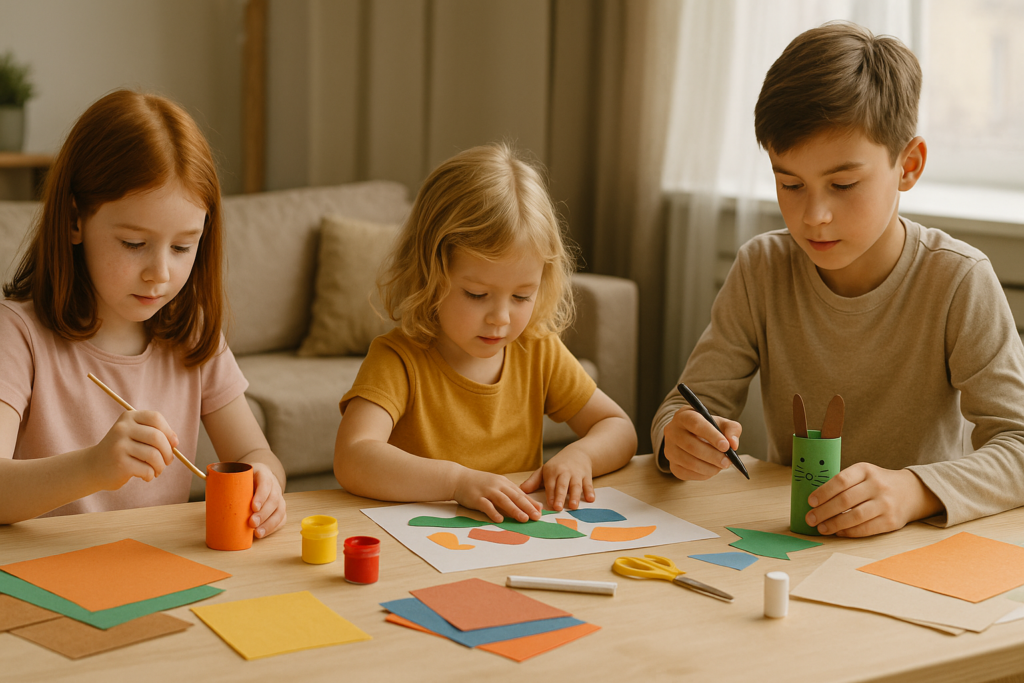 Enfants réalisant des activités de bricolage simples à la maison lors d’un dimanche pluvieux, dans une ambiance chaleureuse et familiale.