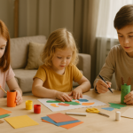 Enfants réalisant des activités de bricolage simples à la maison lors d’un dimanche pluvieux, dans une ambiance chaleureuse et familiale.
