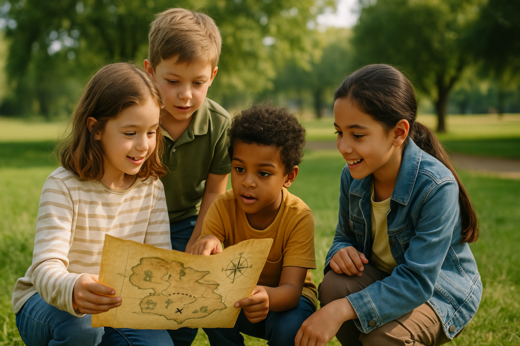 Groupe d’enfants réunis dans un parc en train de lire une carte lors d’une chasse au trésor