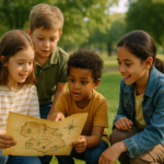 Groupe d’enfants réunis dans un parc en train de lire une carte lors d’une chasse au trésor