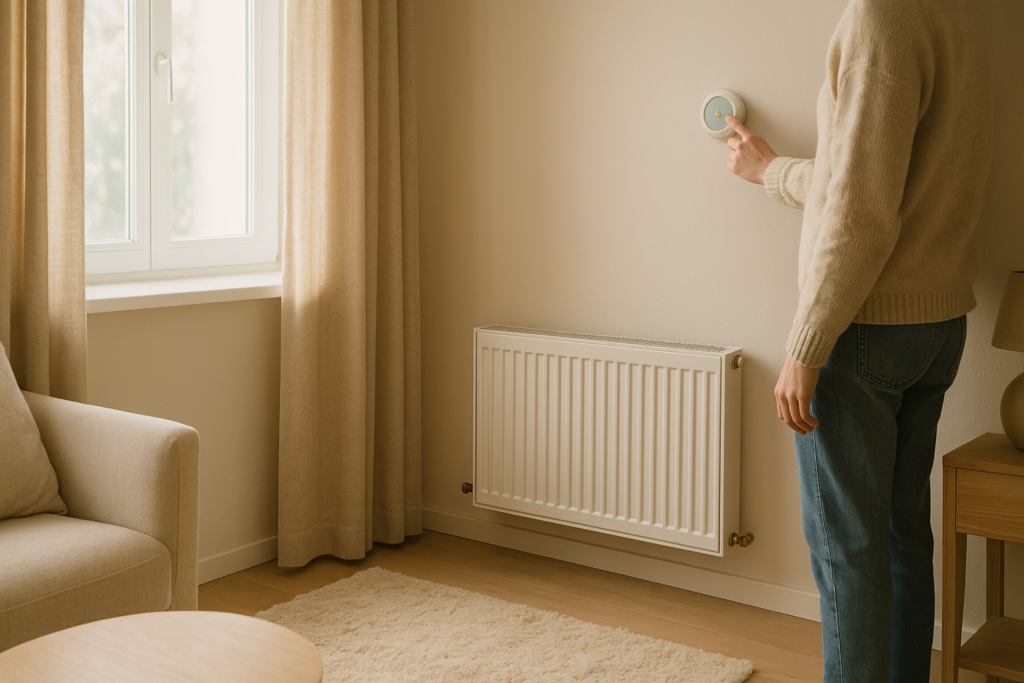 Salon chaleureux avec radiateur, thermostat mural et lumière douce illustrant les économies de chauffage.