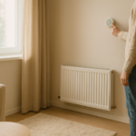 Salon chaleureux avec radiateur, thermostat mural et lumière douce illustrant les économies de chauffage.
