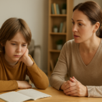 Parent échangeant calmement avec son enfant à propos de l’école