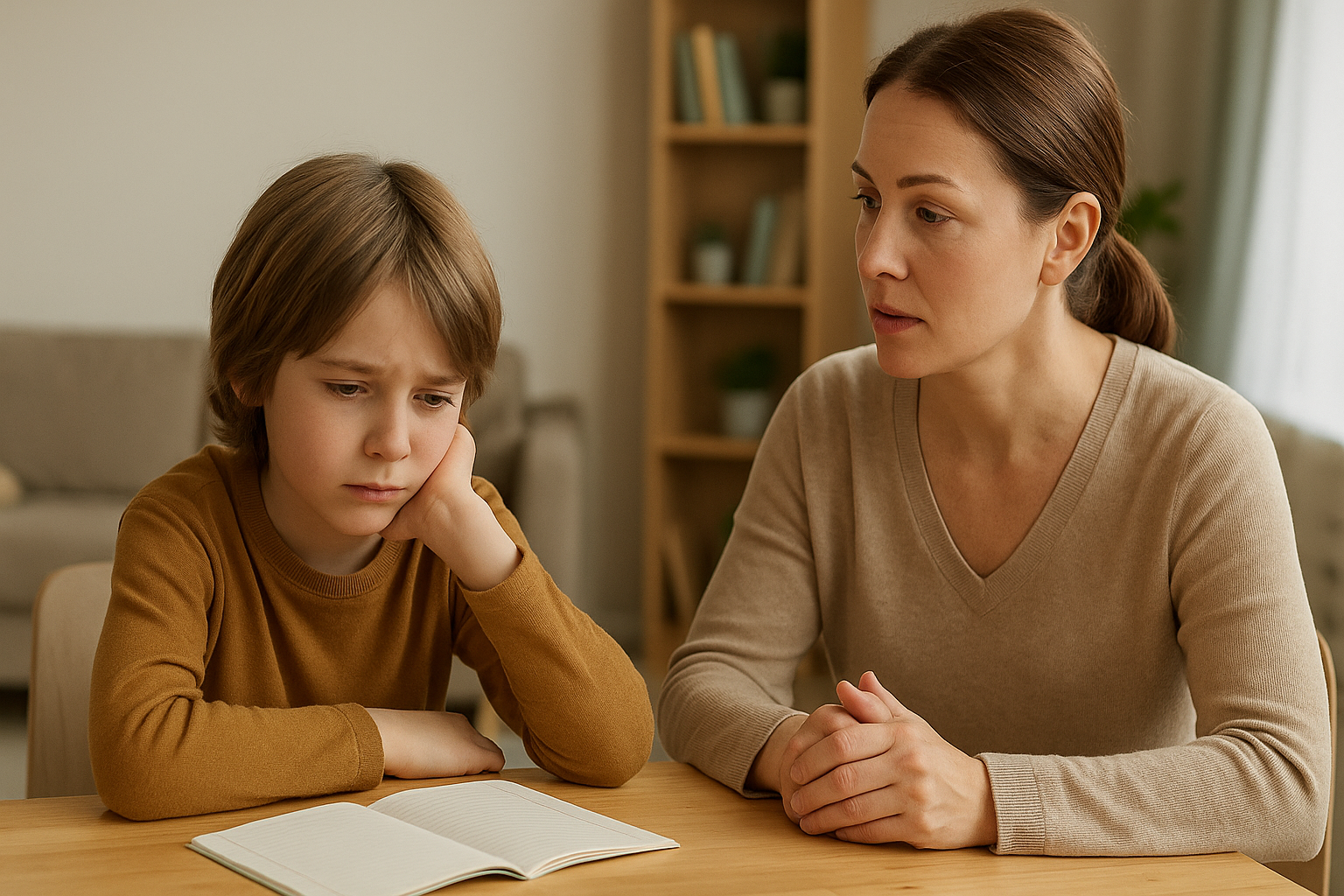 Parent échangeant calmement avec son enfant à propos de l’école
