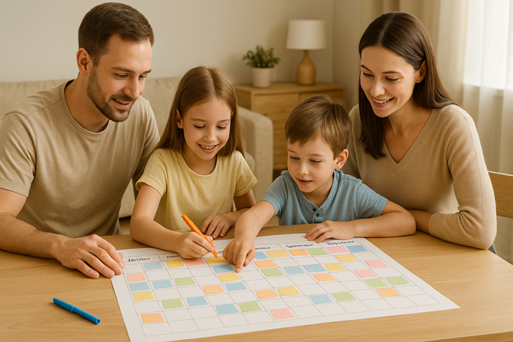 Famille organisant un calendrier des activités familiales autour d’une table à la maison