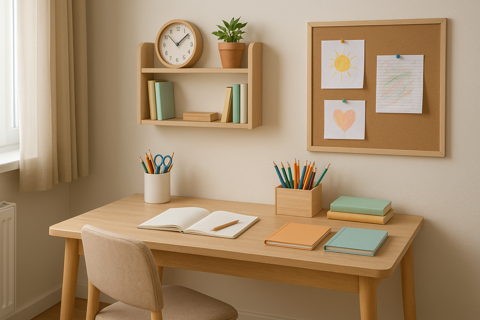 Coin devoirs pour enfants à la maison, bureau lumineux et bien organisé