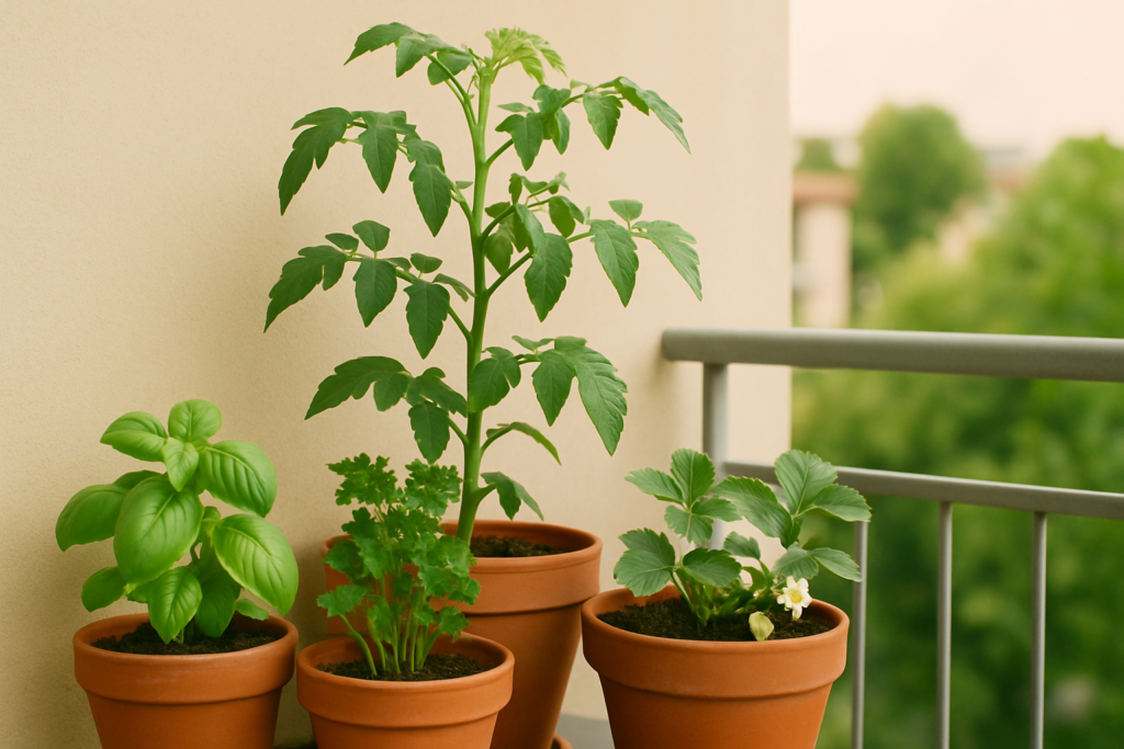 Mini-potager installé sur un balcon avec bacs de culture et plantes aromatiques.