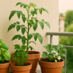 Mini-potager installé sur un balcon avec bacs de culture et plantes aromatiques.