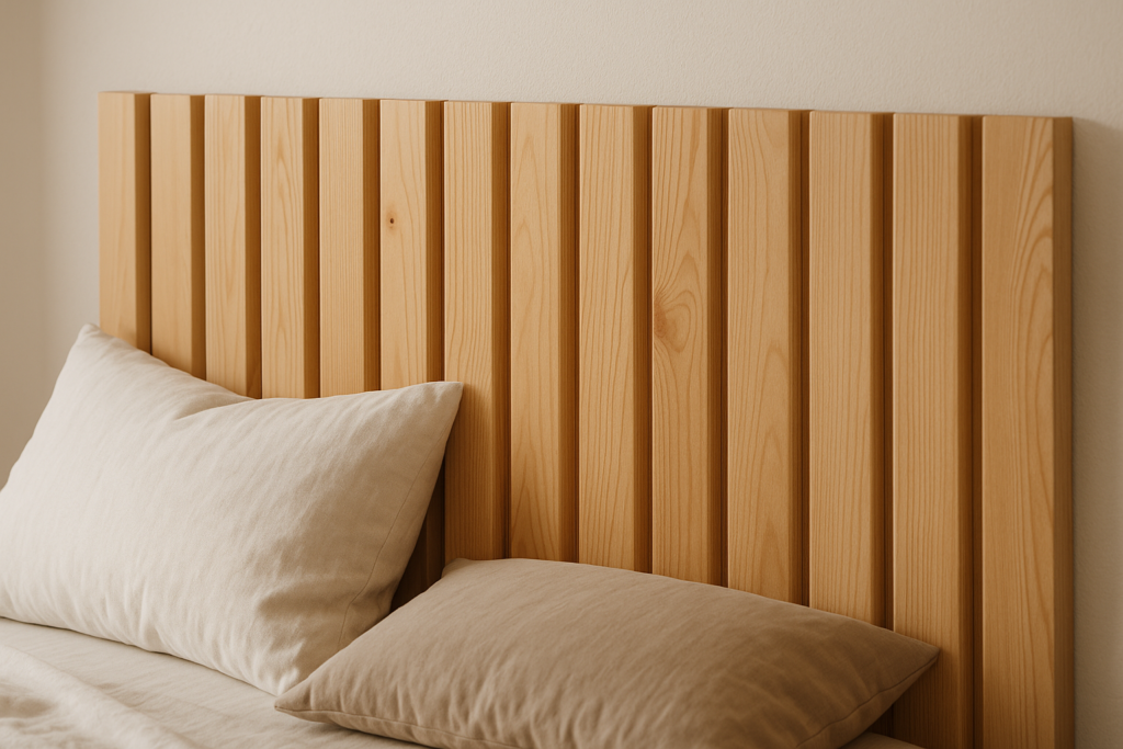 Tête de lit DIY en bois dans une chambre aux couleurs douces