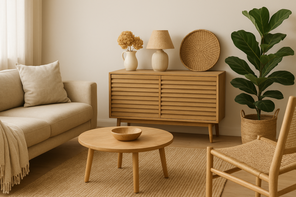 Salon décoré avec des matériaux naturels et du mobilier écoresponsable