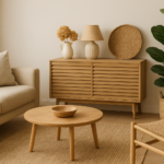 Salon décoré avec des matériaux naturels et du mobilier écoresponsable