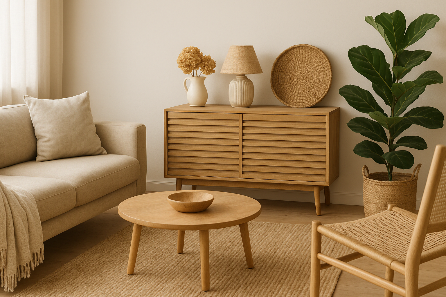 Salon décoré avec des matériaux naturels et du mobilier écoresponsable