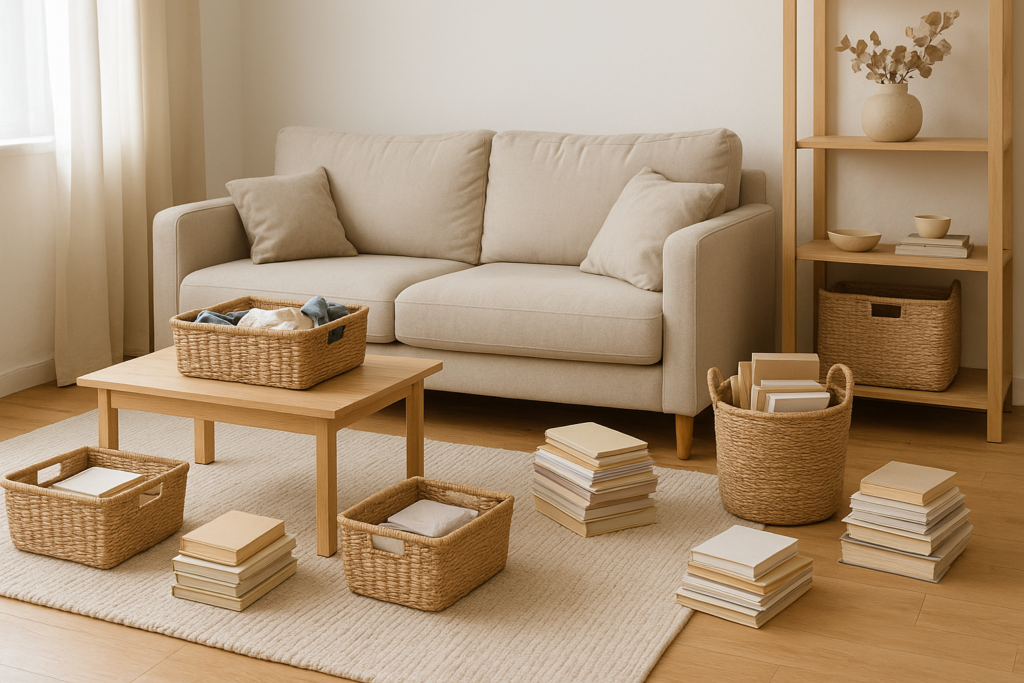 Salon lumineux en cours de désencombrement avec paniers et objets à trier