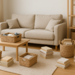 Salon lumineux en cours de désencombrement avec paniers et objets à trier