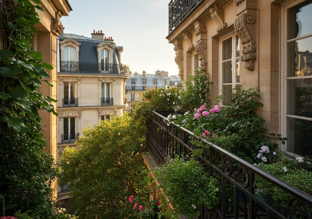 Balcon d’été avec des plantes en pots et un système d’arrosage automatique, lumière douce.