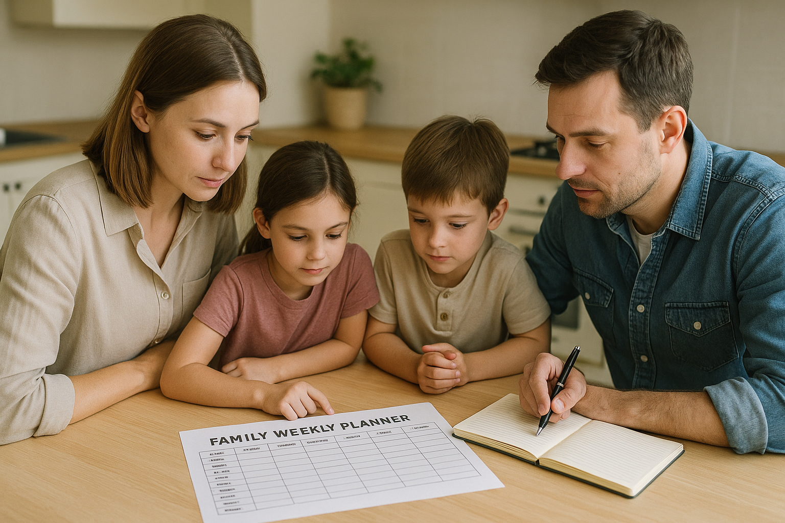 Famille réunie autour d’une table en train d’organiser un planning familial hebdomadaire.