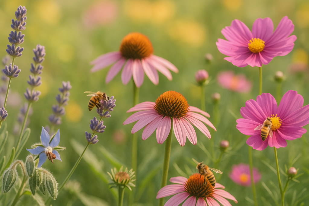 Fleurs mellifères colorées dans un jardin écologique avec des abeilles en plein butinage.