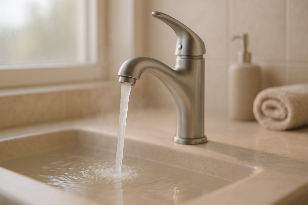Robinet de salle de bain laissant couler un filet d’eau chaude dans une ambiance lumineuse et apaisante.
