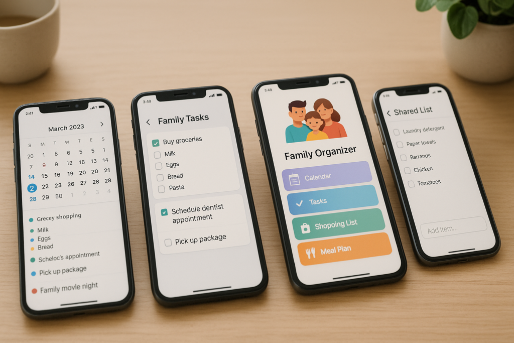 Quatre smartphones affichant différentes applications d’organisation familiale sur une table en bois, avec une lumière douce