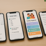 Quatre smartphones affichant différentes applications d’organisation familiale sur une table en bois, avec une lumière douce
