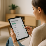 Personne utilisant une application sur tablette pour planifier les tâches ménagères dans un intérieur lumineux