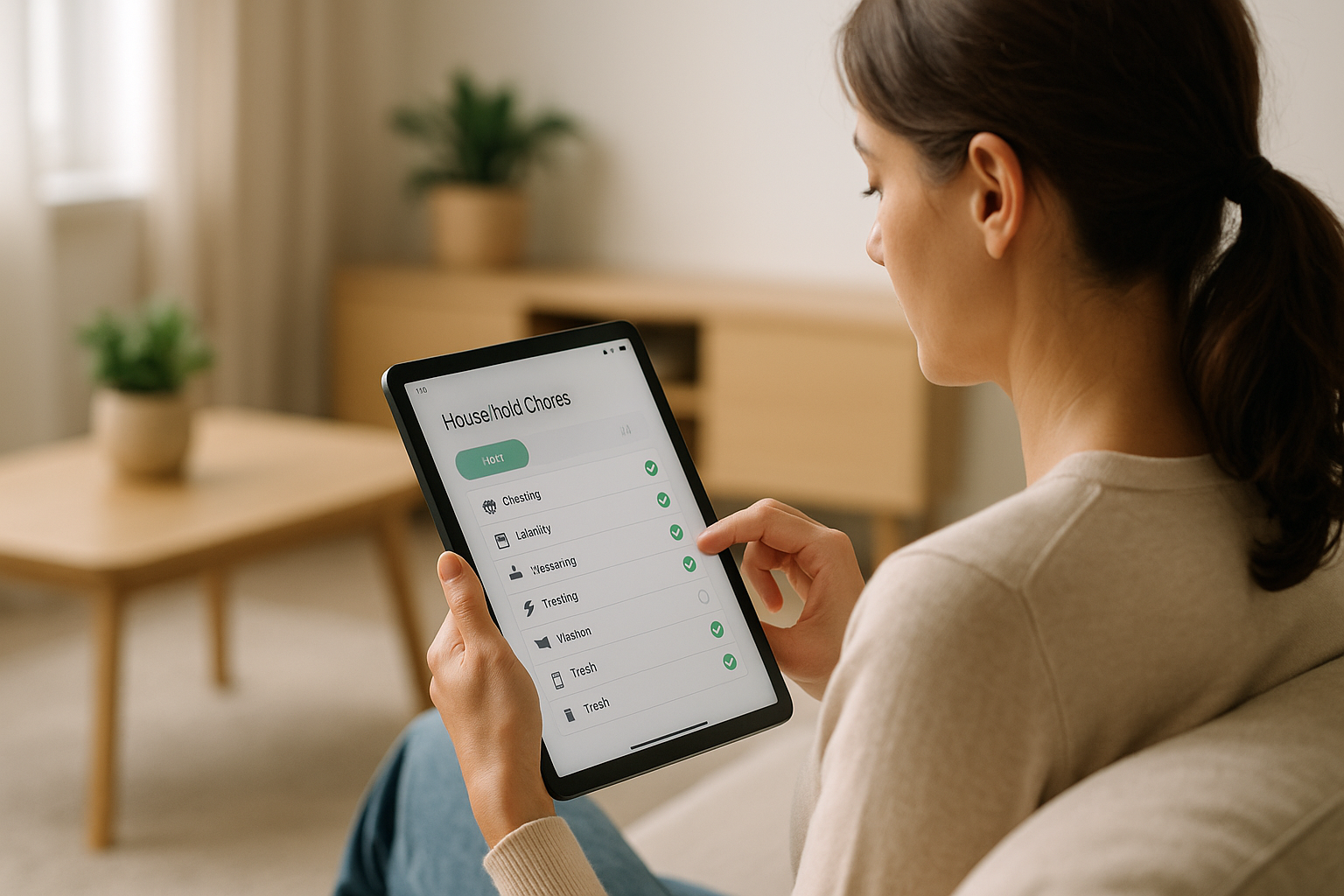 Personne utilisant une application sur tablette pour planifier les tâches ménagères dans un intérieur lumineux
