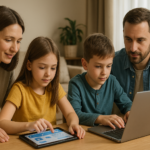 Famille utilisant des ressources éducatives en ligne pour un apprentissage ludique et autonome à la maison