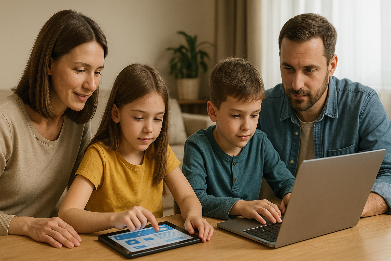 Famille utilisant des ressources éducatives en ligne pour un apprentissage ludique et autonome à la maison