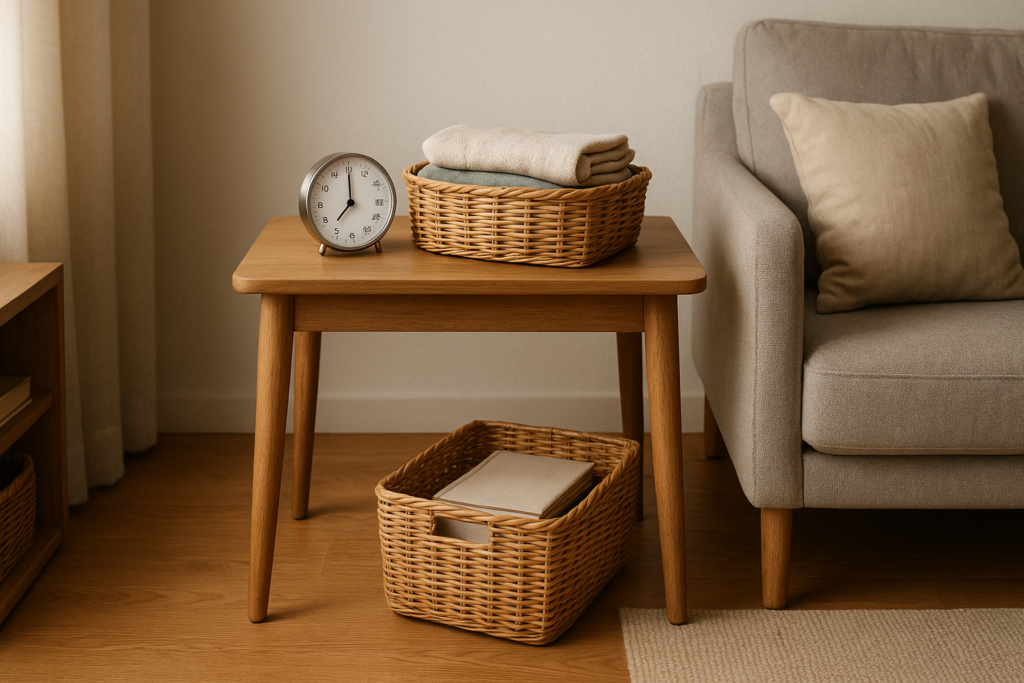 Espace de salon rangé avec panier et minuterie, illustrant la méthode des 15 minutes