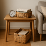 Espace de salon rangé avec panier et minuterie, illustrant la méthode des 15 minutes