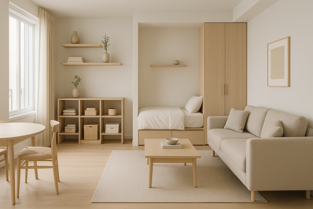 Petit appartement minimaliste avec mobilier en bois clair, canapé beige et rangements muraux, organisé de manière épurée