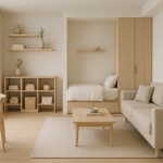 Petit appartement minimaliste avec mobilier en bois clair, canapé beige et rangements muraux, organisé de manière épurée