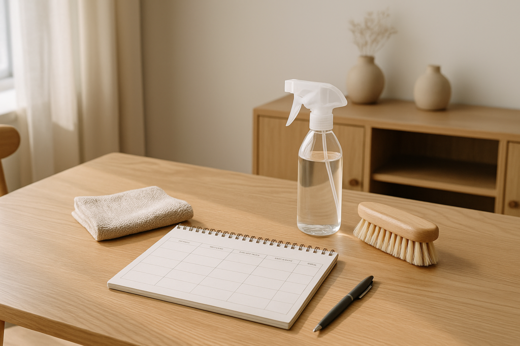 Planning de ménage hebdomadaire posé sur une table avec accessoires de nettoyage naturels.