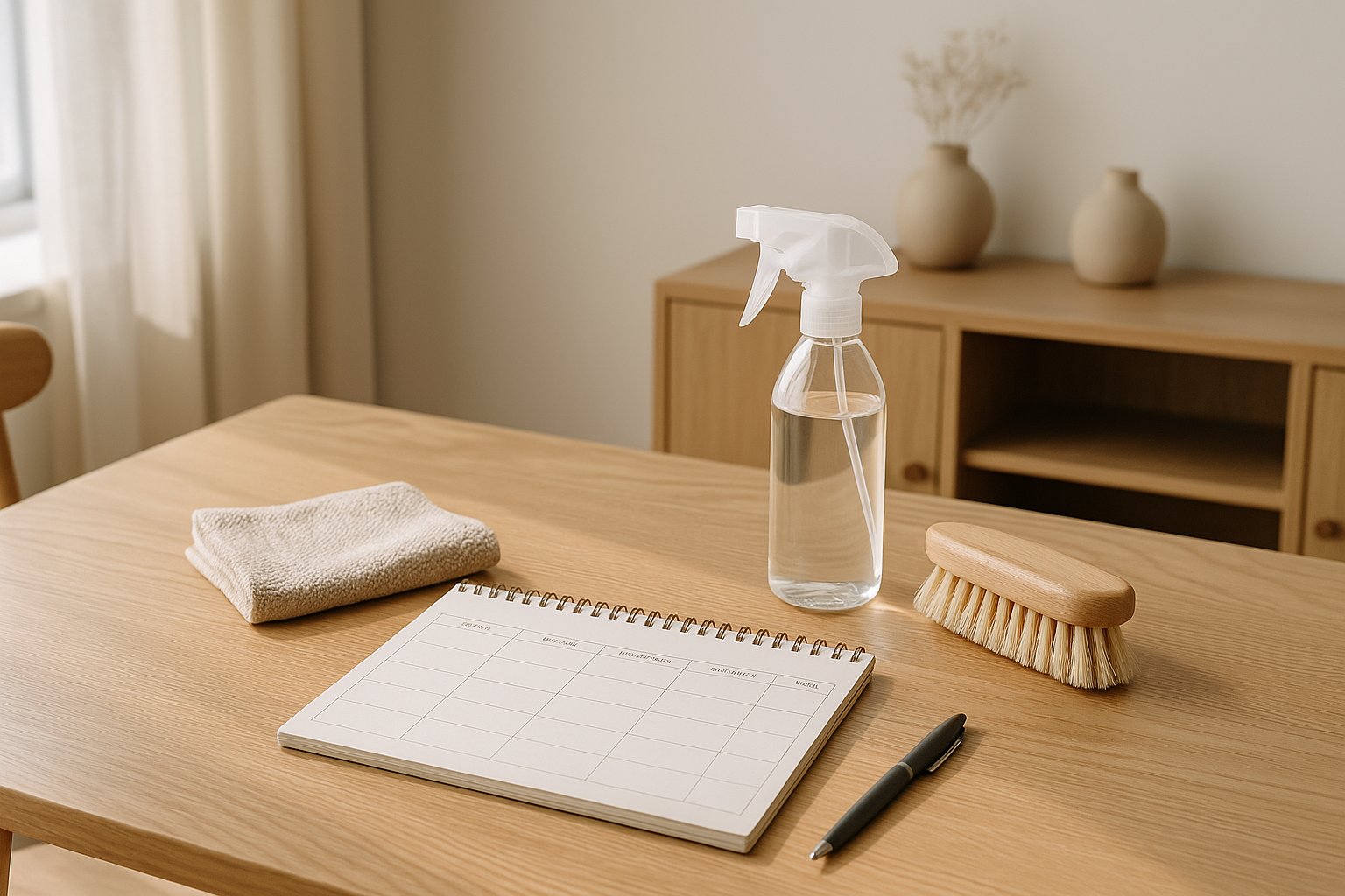 Planning de ménage hebdomadaire posé sur une table avec accessoires de nettoyage naturels.