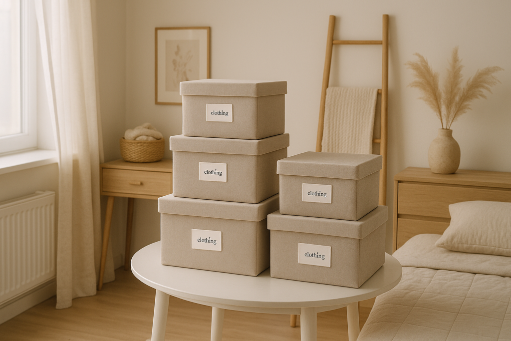 Espace de rangement organisé avec boîtes de tri saisonnier dans un intérieur lumineux