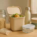 Solutions de réduction des déchets à la maison : bocal de vrac, composteur de cuisine et contenants réutilisables.