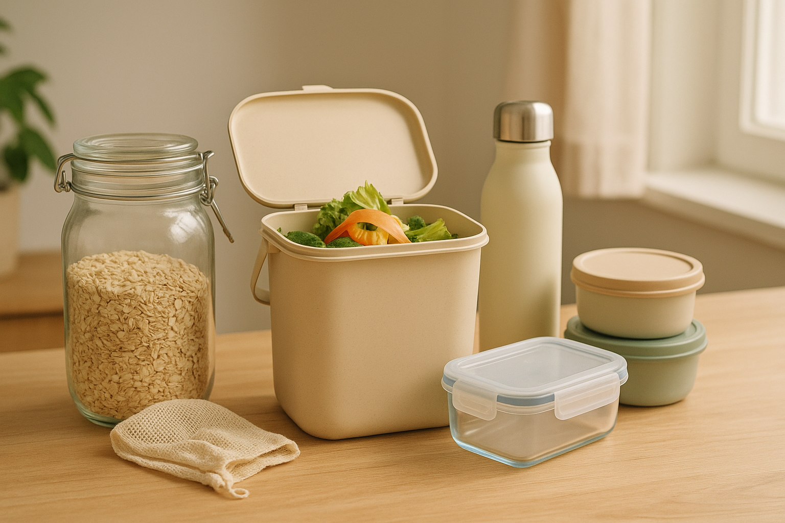 Solutions de réduction des déchets à la maison : bocal de vrac, composteur de cuisine et contenants réutilisables.
